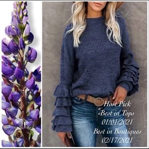 Chic Blue Knit Ruffle Sleeve Sweater